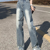Thanksgiving Day Gifts Tassel High Street Women Straight Pants Denim Bottoms Floor-Length Trousers Distressed Causal Baggy High Waisted Jeans