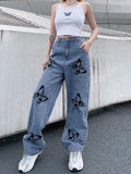 Prettyswomen 2022 Women High Waisted Jeans Butterfly Print Straight Wide Leg Denim Pants Baggy Loose Casual Trousers Streetwear 2022 Spring New