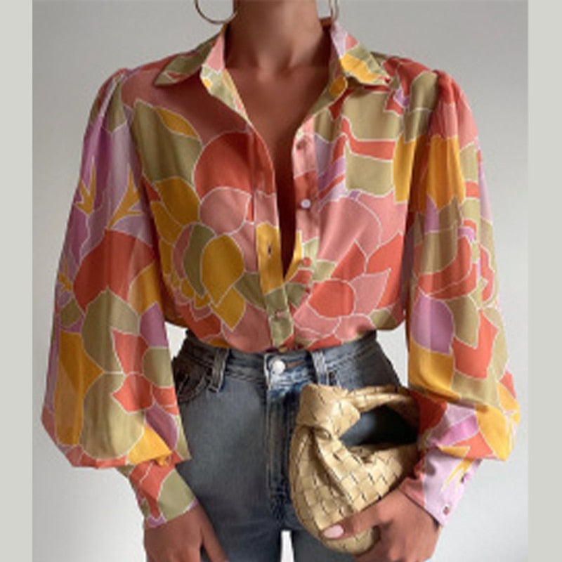 Prettyswomen Fashion Lapel Print Ladies Lantern Sleeve Blouses 2022 Spring Office Lady Vintage Floral Shirts Top Button Up Long Sleeve Shirt