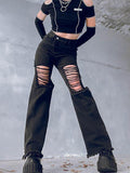 Mall Goth Y2K High Waist Black Denim Long Pants Grunge Punk Streetwear Full Length Distressed Ripped Jeans Women Fashion