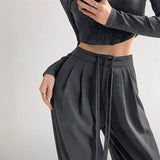 Thanksgiving Day Gifts Gray Wide Leg Women's Classic Suit Pants Vintage Palazzo Office Elegant Casual Balck Trousers Bandage High Wasit Pants