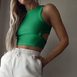 Prettyswomen Cut Out Backless O Neck Sleeveless Summer Green Crop Top Women Skinny Ribbed Tank Tops Basic Casual Street Y2K 2022