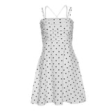 Women Casual Holiday Mini Dress Summer White Dots Print Square Neck Spaghetti Strap Pleated Chest Open Back A-line Dress Ladies