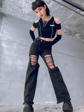 Mall Goth Y2K High Waist Black Denim Long Pants Grunge Punk Streetwear Full Length Distressed Ripped Jeans Women Fashion