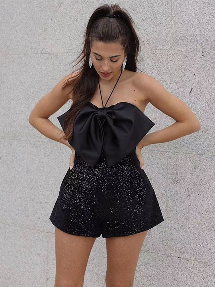 Prettyswomen Elegant Halter Fashion Women Party Sequins Bodysuit Sexy Backless Bow Black Female Off Shoulder Club Rompers Outfits