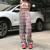 Thanksgiving Day Gifts Y2k Plaid Straight Pants Women Pink Female Full Length Trousers Causal High Waist Streetwear Baggy Wide Leg Bottoms