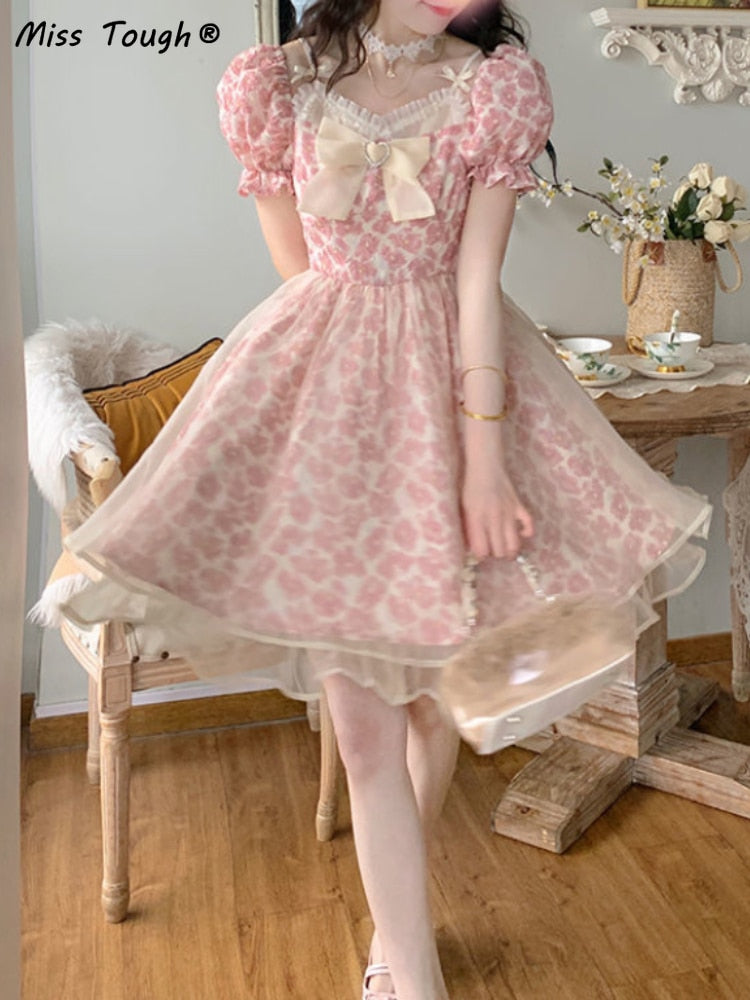 Lace Lolita Print Dress Women French Y2K Patchwork Sweet Party Mini Dresses Female Pink Bow Summer Floral Kawaii Dress 2022 New