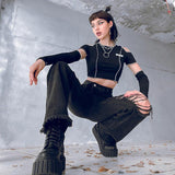Mall Goth Y2K High Waist Black Denim Long Pants Grunge Punk Streetwear Full Length Distressed Ripped Jeans Women Fashion