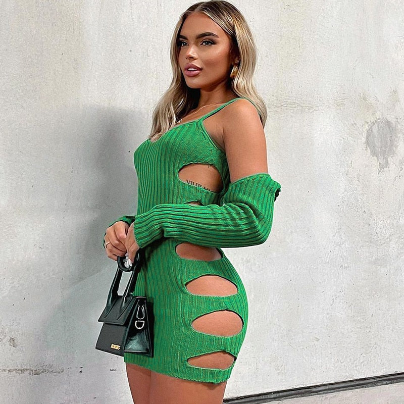 Back to college  Sexy 2 Piece Set Cut Out Long Sleeve Knit Dresses For Women Street Fashion Clubwear Bodycon Mini Dress C15-CC23