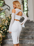 PrettysWomen 2 Piece Dress Set White Mesh Bodycon Dress Set Party Elegant Flare Sleeve Top and Skirt Set 2023 Vestidos