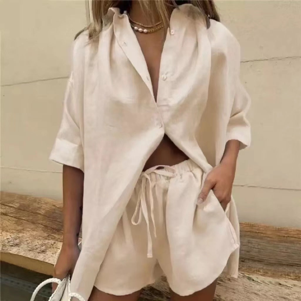 Prettyswomen 2022 New Casual Womem Lounge Wear Summer Solid Tracksuit Shorts Two Piece Set Short Sleeve Shirt Tops And Drawstring Shorts Suit