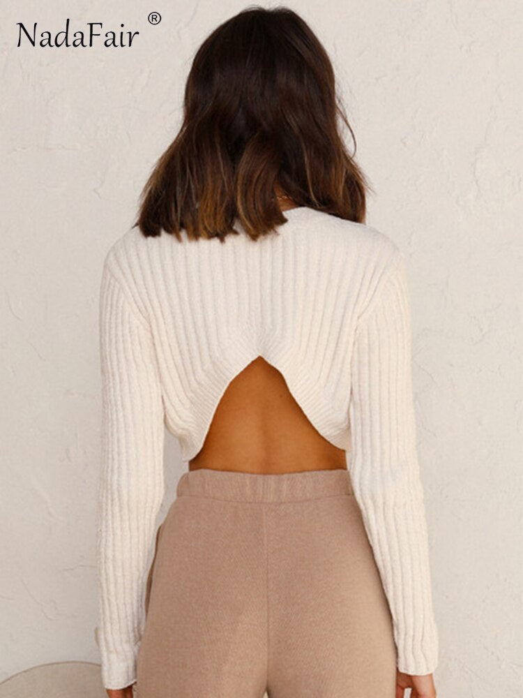 Prettyswomen O Neck Knitted Backless Cream White Skinny Women Autumn Casual Crop Top Sweater Basic Pullover Fashion Y2K Street 2022