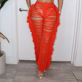 Back to college  Sexy Hollow Out Hole Knitted Pants With Fringe On The Side Beach Cover Up Vacation Bottoms Fall Trousers C87-FG52