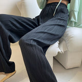 Thanksgiving Day Gifts Black Wide Leg Bottoms Women Summer Elegant Pleated Palazzo Pants Stripe Full Length Trousers High Waist Causal Elastic