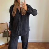 Prettyswomen Women's Shirt Pleated Two Piece Set 2022 Long Sleeve Shirt Tops And Wide Leg Pants Suits Elegant Casual Ladies Street Tracksuits