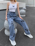 Prettyswomen 2022 Women High Waisted Jeans Butterfly Print Straight Wide Leg Denim Pants Baggy Loose Casual Trousers Streetwear 2022 Spring New