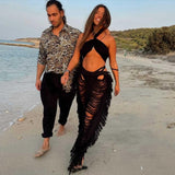 Back to college  Sexy Hollow Out Hole Knitted Pants With Fringe On The Side Beach Cover Up Vacation Bottoms Fall Trousers C87-FG52