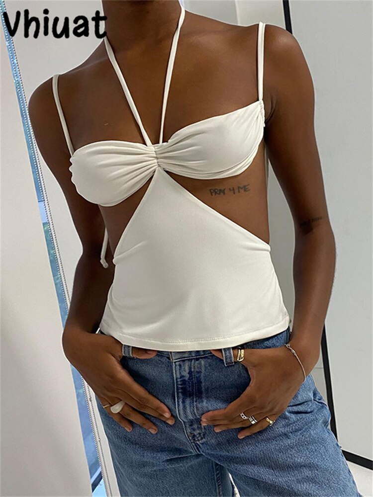 Prettyswomen 2022 Sleeveless Off Shoulder White Halter Women Summer Basic Y2K Crop Tops Sexy Casual Tank Tops Hollow Out Backless T Shirt