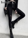 Prettyswomen Black Pencil High Waist Pants Gothic Moon Zipper Hollow Out Bodycon Women Long Trousers Casual Streetwear Vintage Pants