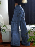 PrettysWomen Low Waist Wide Leg Baggy Cargo Jeans Woman Multi-Pockets Stitched Streetwear Denim Cargos Pants Retro 90s Y2K Trousers