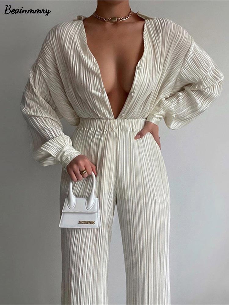 Prettyswomen Ladies Shirt Suits Pleated Notched Single-Breasted Female Cardigan Two-Piece Loose Shirts and High-Waist Wide-Leg Pants Sets