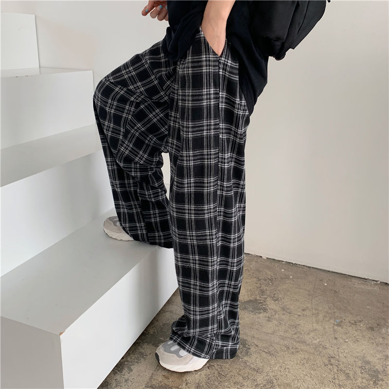 Black Friday Sales Black And Pink Plaid Pants Oversize Women Pants High Waist Loose Wide Leg Trousers Ins Retro Teens Straight Trousers Streetwear