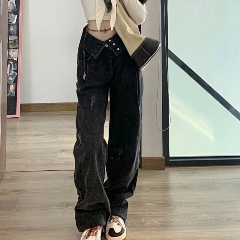 Prettyswomen Vintage washed black high waist jeans women's clothing 2022 hot girl fashion clothes design loose straight wide leg jeans womens