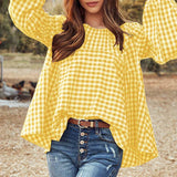 Prettyswomen Stylish Plaid Checked Blouse Women Spring Long Sleeve Party Tops Casual O Neck Holiday Shirt Loose Vintage Blusa Oversize