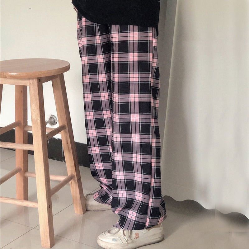Black Friday Sales Black And Pink Plaid Pants Oversize Women Pants High Waist Loose Wide Leg Trousers Ins Retro Teens Straight Trousers Streetwear