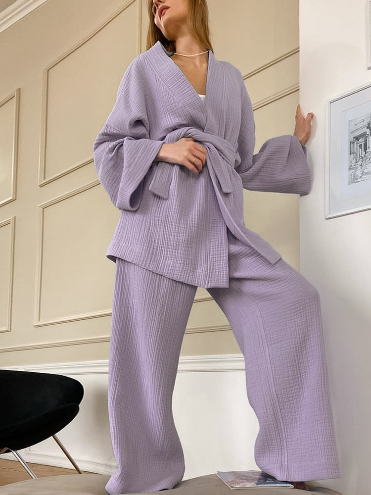 Prettyswomen 2022 New Women's Nightgown Robe Pajama Sets Flare Nightgown Trouser Suits Drop Sleeves Set 100% Cotton Woman 2 Pieces Bathrobe