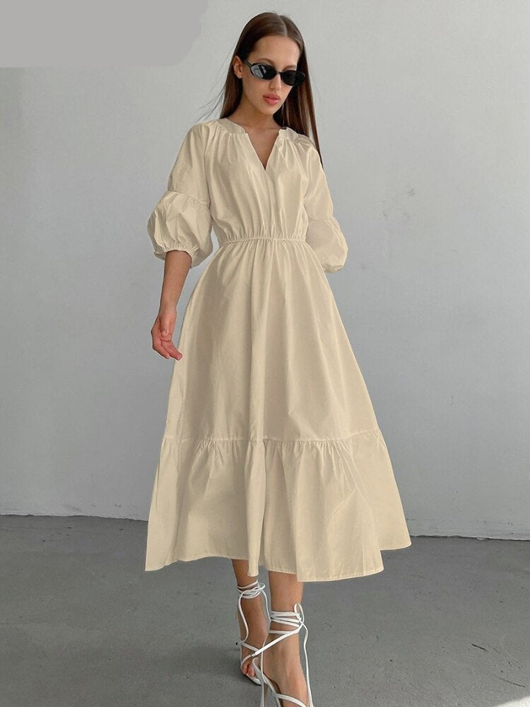 Back to college Sumuyoo Elegant Long Cotton Dress Summer Lantern Half Sleeve V-Neck Office Party Dress Lady A-Line Spliced Ruffled Casual Dress