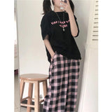 Thanksgiving Day Gifts Prettyswomen Black And Pink Plaid Pants Oversize New Women Casual Loose Wide Leg Trousers Ins Retro Teens Straight Trousers Hiphop Streetwear