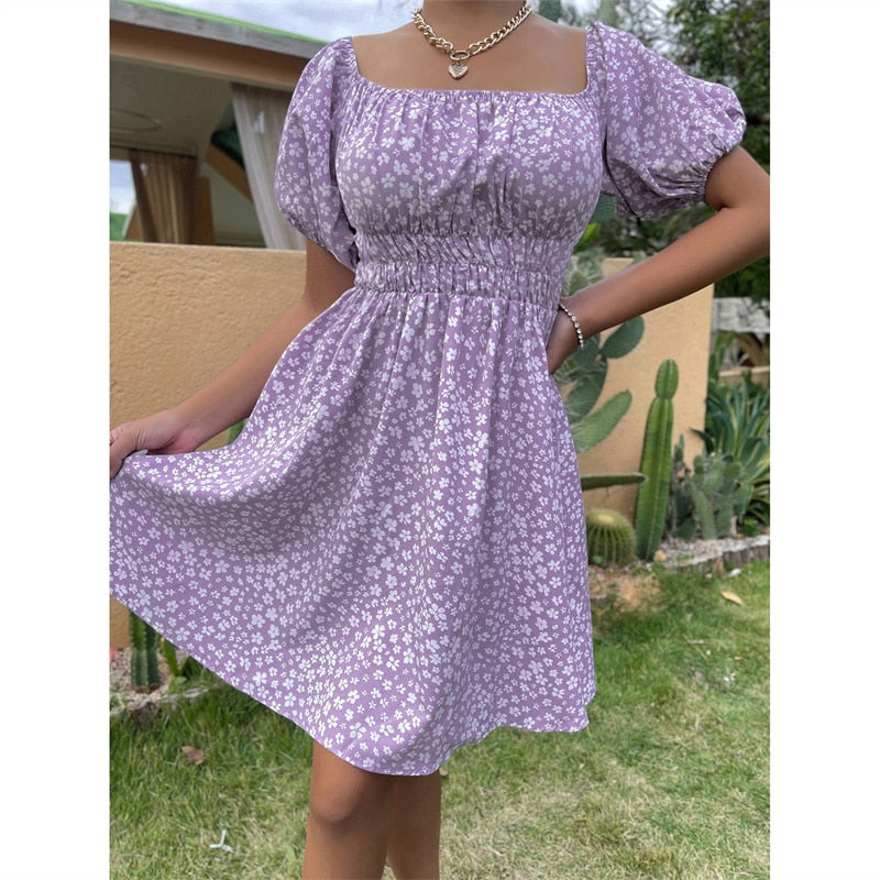 Summer Casual Beach Dresses Women Backless Short Sleeve Square Neck High Waist A-line Mini Dress Purple Floral Printing Holiday