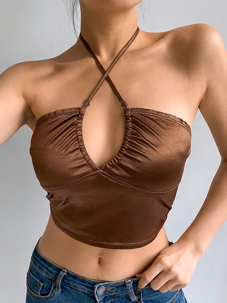 Prettyswomen  Sexy Strappy Brown Halter Crop Top Women Summer Backless Cami Tops Tees Ladies Fashion Fitness Camisole Party