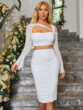 PrettysWomen 2 Piece Dress Set White Mesh Bodycon Dress Set Party Elegant Flare Sleeve Top and Skirt Set 2023 Vestidos