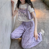 Thanksgiving Day Gifts Fernan Korean Fashion Purple Plaid Y2k Pants Women Kawaii Soft Girl Oversize High Waist Wide Leg Checked Trousers Female Bottoms