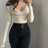 Prettyswomen Cream Yellow Gentle Crop Top Sexy Women Lace Trim V Neck Long Sleeve Skinny Pullover Tees Y2K Fairy Vintage Basic T-shirt 06-15