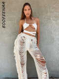 Back to college  Sexy Hollow Out Hole Knitted Pants With Fringe On The Side Beach Cover Up Vacation Bottoms Fall Trousers C87-FG52