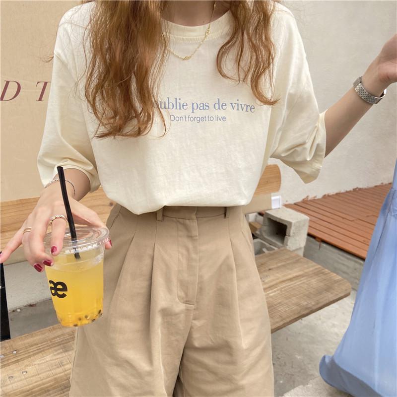 Prettyswomen 2022 New Arrival Summer College Style Women Casual Short Sleeve O-Neck T Shirt All-Matched Letter Print Cotton T-Shirt V355