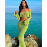 Back to college  Sexy Two Piece Set Skirt And Top Vacation Outfits Summer Beach Lace Trim Mesh Sheer Green Maxi Dress Sets C15-DZ29