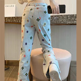 Prettyswomen Spring 2022 geometric print jeans woman vintage high waist loose straight-leg trousers blue pants fashion clothes plus size