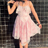 Summer E-girl Fairy Grunge Asymmetric Vestidos Female Tulle Lace Floral Layers Sling Straps Backless Bandage Ruffles Dress Women