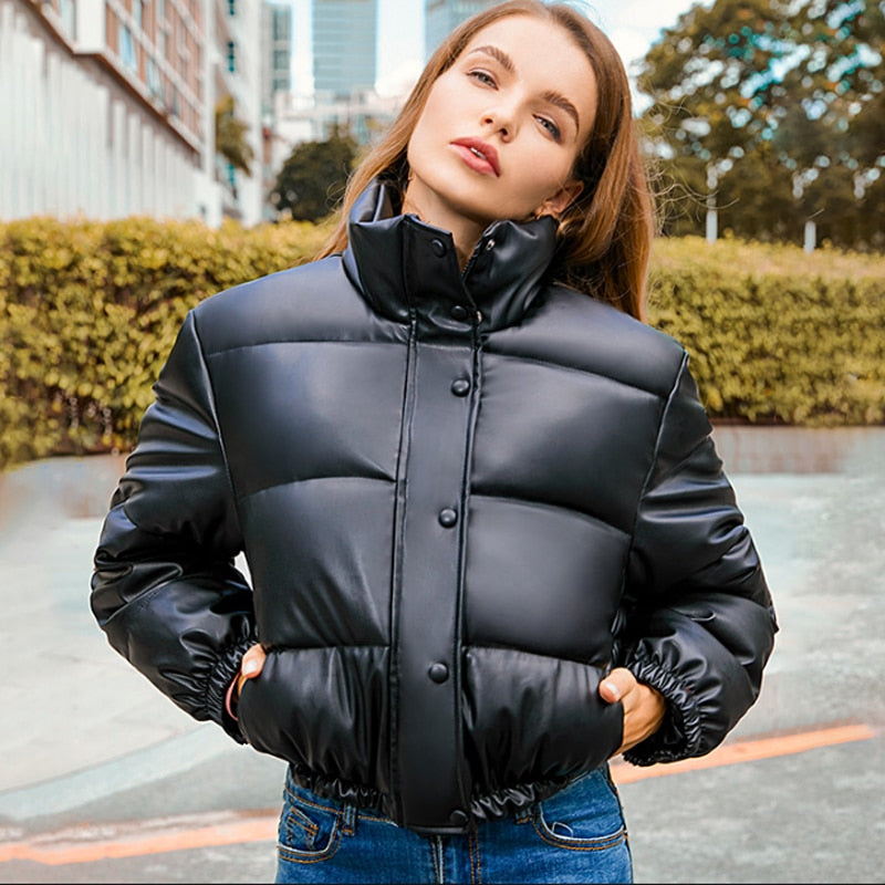 Black Friday Sales Winter Warm Thick PU Leather Coats Women Short Parkas Fashion Black Cotton Padded Lady Down Jacket Elegant Zipper Clothes 2022