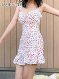Floral Print Ruffle Pink Dress Sleeveless Folds Mini Sundress Kawaii Japanese Korean Style Party Outfit Aesthetic Hot