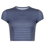 Y2K Aesthetics Grunge Basic Blue Striped Baby Tees Indie Streetwear O-neck Short Sleeve T-shirts Women Cute Crop Tops