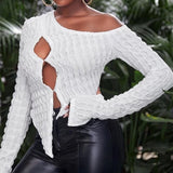 BOOFEENAA Cut Out Asymmetrical One Shoulder Long Sleeve Crop Top Women Tees T Shirts Green Black White Y2k Streetwear C85-BI15
