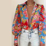 Prettyswomen Fashion Lapel Print Ladies Lantern Sleeve Blouses 2022 Spring Office Lady Vintage Floral Shirts Top Button Up Long Sleeve Shirt