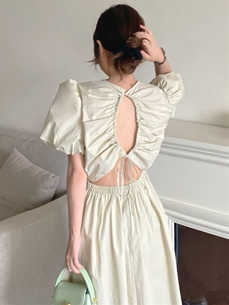 Prettyswomen Women's Summer Vintage Backless Long Dress 2022 Female Chic Drawstring Hollow Out Puff Sleeve A-Line Midi Sundress
