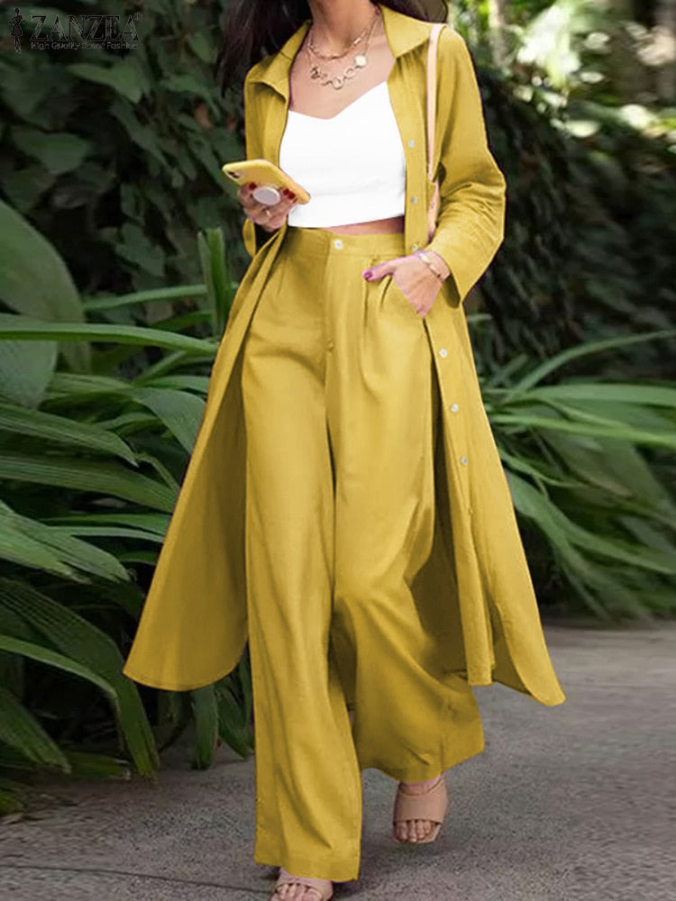 Prettyswomen Fashion Long Sleeve Shirt 2PCS Women Suits Summer Matching Sets Solid Loose Pant Sets Casual Wide Leg Trousers Oversized