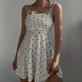 Women Casual Holiday Mini Dress Summer White Dots Print Square Neck Spaghetti Strap Pleated Chest Open Back A-line Dress Ladies